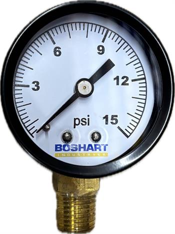 PRESSURE GAUGE 15psi 1/4" LOWER MOUNT 2" Dial, Steel Case